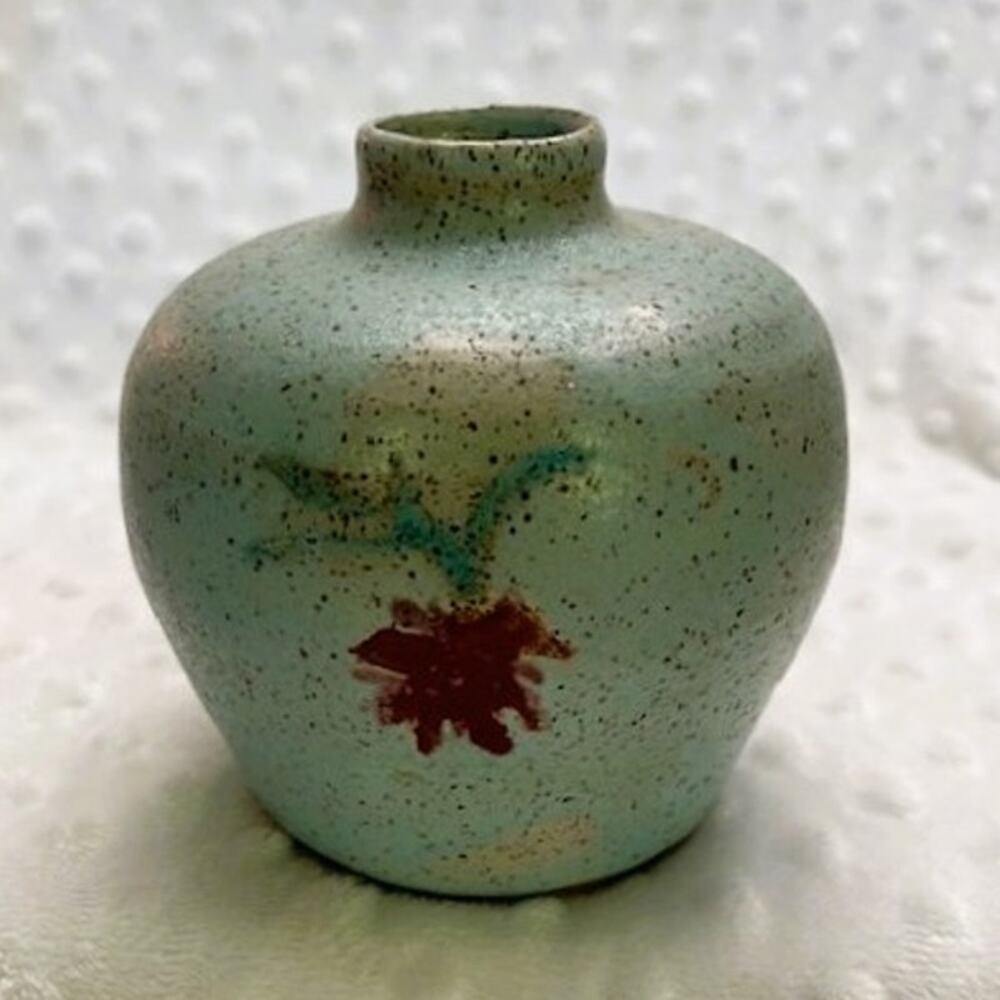 Vintage Handcrafted Matte Two-Tone (Light Blue/Gray) Speckled Stoneware 4" Vase